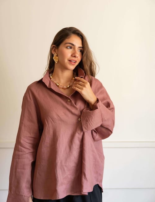 Wrap linen shirt-Rose ebony
